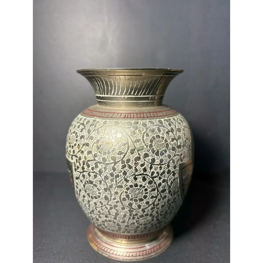 VTG Indian Brass Etched Vase 6